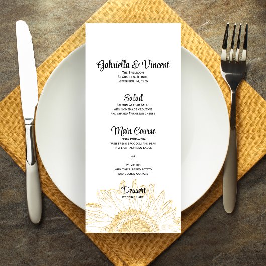 Menu Mariage graphique de tournesol jaune