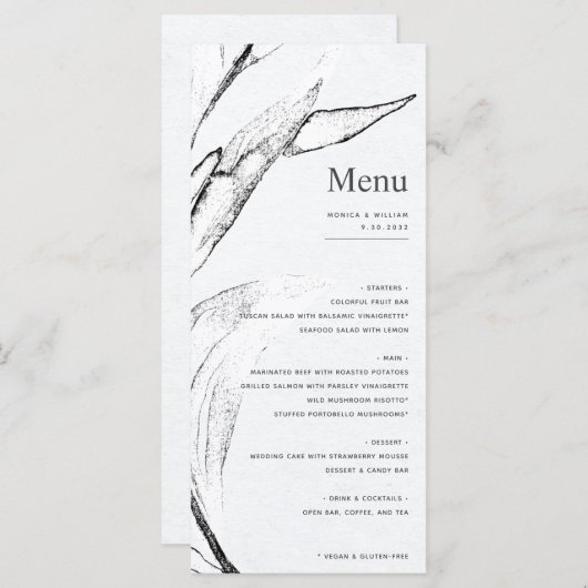 Menu Mariage graphique moderne à feuilles blanches et n (Devant / Derrière)