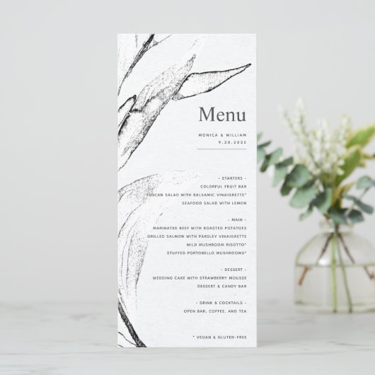 Menu Mariage graphique moderne à feuilles blanches et n (Debout devant)