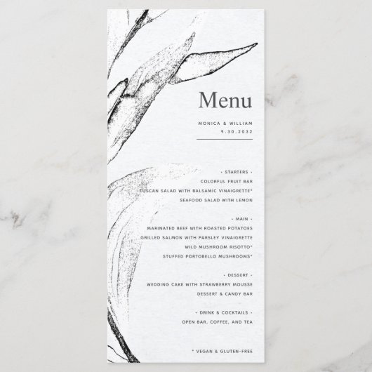 Menu Mariage graphique moderne à feuilles blanches et n (Devant)