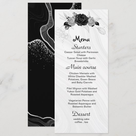 Menu mariage gris argenté et fleurs noires (Devant / Derrière)