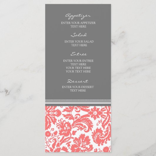 Menu mariage Gris Coral Damask Patte (Devant)