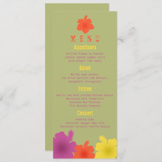 Menu Mariage Hibiscus hawaïen coloré (Devant / Derrière)