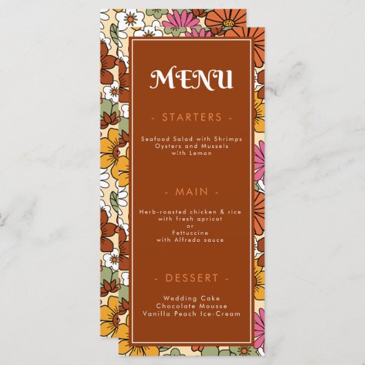 Menu Mariage hippie floral rétro Super seventies (Devant / Derrière)