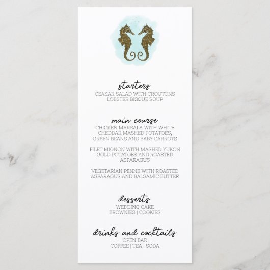 Menu Mariage Hippocampe d'aquarelle (Devant)