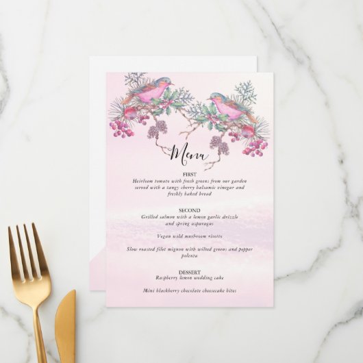 Menu Mariage hivernal à l'aquarelle Cônes de pin Oiseau (Devant/Arrière en situation)