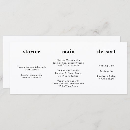 Menu Mariage horizontal unique moderne noir blanc (Devant / Derrière)