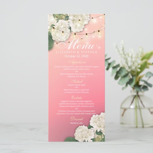 Menu mariage Hydrangeas Fleurs Chaînes Lumières Ro (Debout devant)