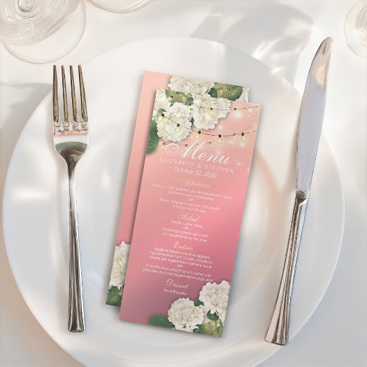 Menu mariage Hydrangeas Fleurs Chaînes Lumières Ro