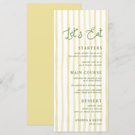 Menu Mariage Île Jaune Citron Rayures Calligraphie (Devant / Derrière)