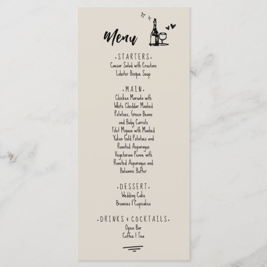 Menu Mariage Illustré à la Main Gris Rétro (Devant)