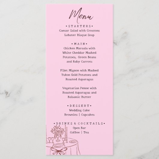 Menu Mariage Illustré à la Main Rose Fantaisiste  (Devant)