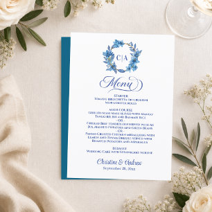 Menu Mariage Initiales Couple Cadre Floral Bleu Or