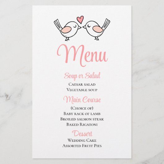 Menu Mariage Inséparables Rose Lovebirds (Devant)