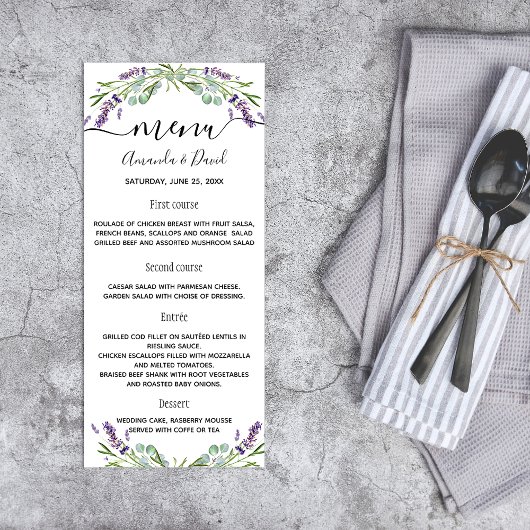 Menu mariage lavande eucalyptus verdure
