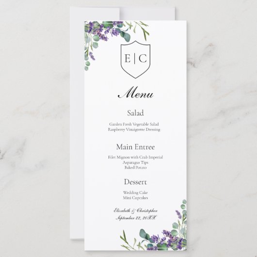 Menu Mariage Lavender Eucalyptus Monogram (Devant)