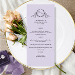 Menu Mariage Lavender Purple Élégant Monogram<br><div class="desc">Dégustez vos invités avec ce beau menu mariage, avec un élégant monogramme botanique dessiné à la main avec les initiales du couple. Facile à remplir dans le modèle avec vos détails et menu et commander vos impressions! Possibilité de changer la "couleur arrière - plan" lavande-violet en une autre couleur violette...</div>