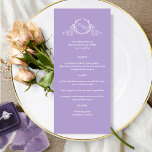 Menu Mariage Lavender Purple Élégant Monogram<br><div class="desc">Dégustez vos invités avec ce beau menu mariage, avec un élégant monogramme botanique dessiné à la main avec les initiales du couple en blanc sur une jolie couleur lavande-violet arrière - plan. Facile à remplir dans le modèle avec vos détails et menu et commander vos impressions! Possibilité de changer la...</div>