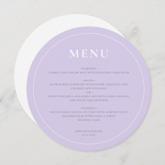 Menu Mariage Lilac Lavender Simple Round Modern (Devant / Derrière)
