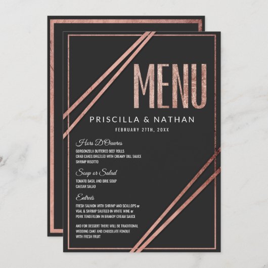 Menu Mariage linéaire chic de noir d'or moderne simple (Devant / Derrière)