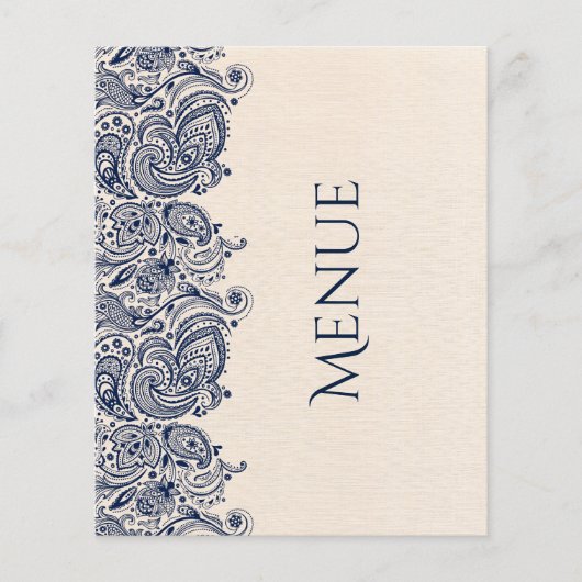 Menu mariage Linge beige et dentelle bleu foncé (Devant)