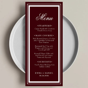 Menu Mariage Luxueux Rouge Bourgogne Élégant