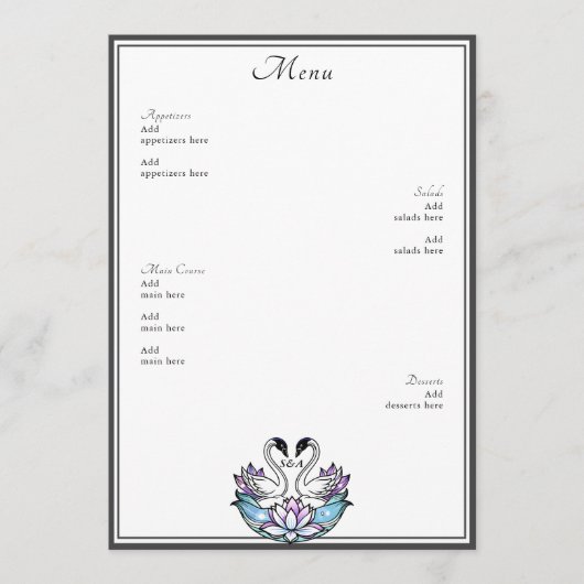 Menu Mariage Lys d'eau en verre de verre blanc Swans (Devant)