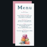Menu Mariage Macaron français moderne<br><div class="desc">Ce menu de mariage élégant présente une aquarelle ludique illustrant des macarons français colorés, ajoutant une touche de charme parisien et de fantaisie. Le front blanc propre affiche chaque cours dans une police serif moderne, avec des titres rose vif doux pour un accent romantique. L'envers est un rose solide, parfait...</div>