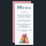 Menu Mariage Macaron français moderne<br><div class="desc">Ce menu de mariage élégant présente une aquarelle ludique illustrant des macarons français colorés, ajoutant une touche de charme parisien et de fantaisie. Le front blanc propre affiche chaque cours dans une police serif moderne, avec des titres rose vif doux pour un accent romantique. L'envers est un rose solide, parfait...</div>