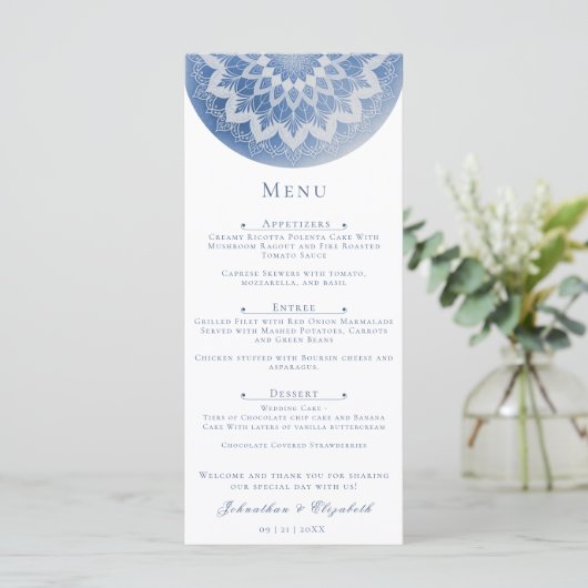 Menu Mariage Mandala Broderie Bleue (Debout devant)