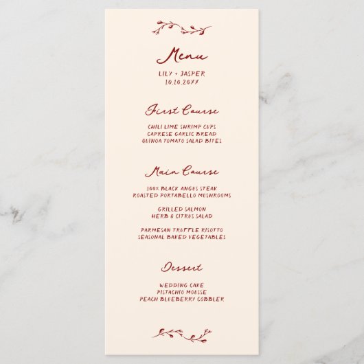 Menu Mariage manuscrit Maroon (Devant)