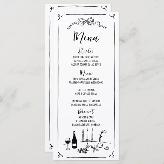 Menu Mariage manuscrit original tiré à la main (Devant / Derrière)