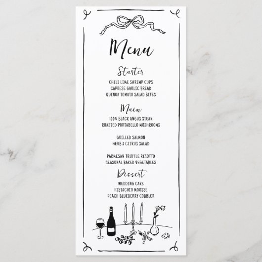 Menu Mariage manuscrit original tiré à la main (Devant)