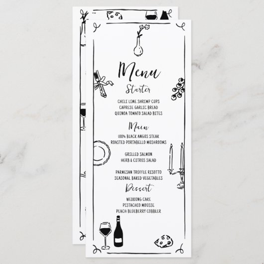 Menu Mariage manuscrit original tiré à la main (Devant / Derrière)