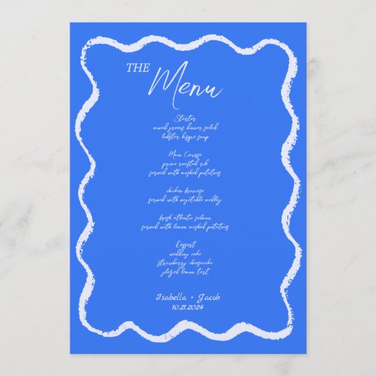 Menu Mariage manuscrit rétro Wavy Squiggle bleu (Devant)