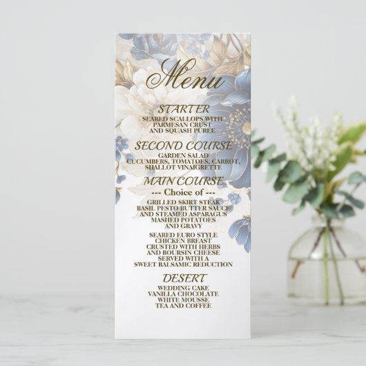 Menu Mariage Marine Bleu Blanc Or Floral Argent (Debout devant)