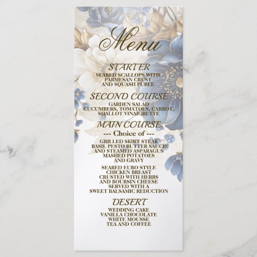 Menu Mariage Marine Bleu Blanc Or Floral Argent (Devant)