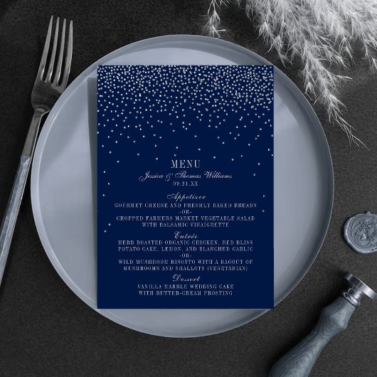 Menu Mariage Marine Blue & Glam Silver Confetti