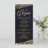 Menu Mariage Marine Blue Watercolor & Gold Confett (Debout devant)