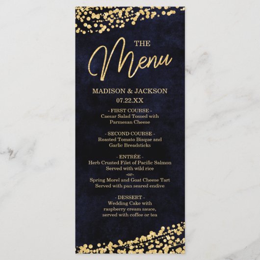 Menu Mariage Marine Blue Watercolor & Gold Confett (Devant)