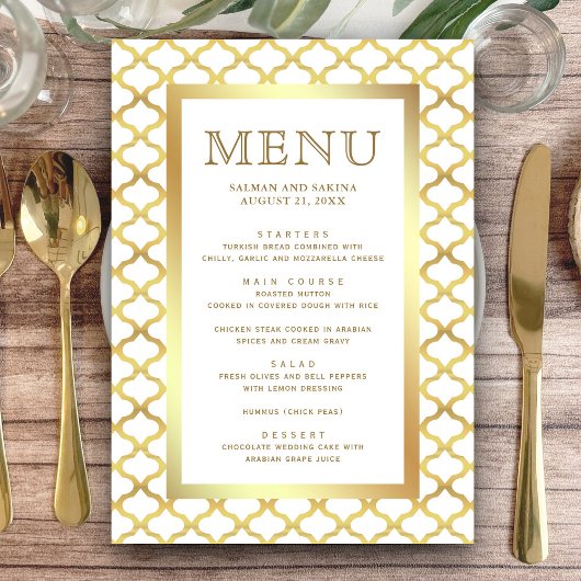 Menu Mariage marocain à quatre feuilles blanc et or