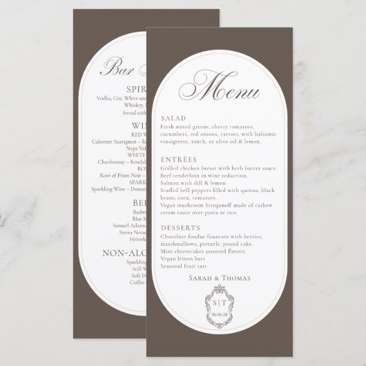 Menu mariage marron chocolat deux côtés Calligraph (Devant / Derrière)