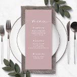Menu Mariage Mauve Dusty couleur simple<br><div class="desc">Menu simple Mariage couleur solide Dusty Mauve Rose. Cette carte de menu moderne chic est simple classique et élégant avec un arrière - plan de couleur unie et une jolie police de calligraphie de script signature avec queues. Montré dans la nouvelle Colorway. Avec un joli monogramme à l'arrière. Disponible en...</div>