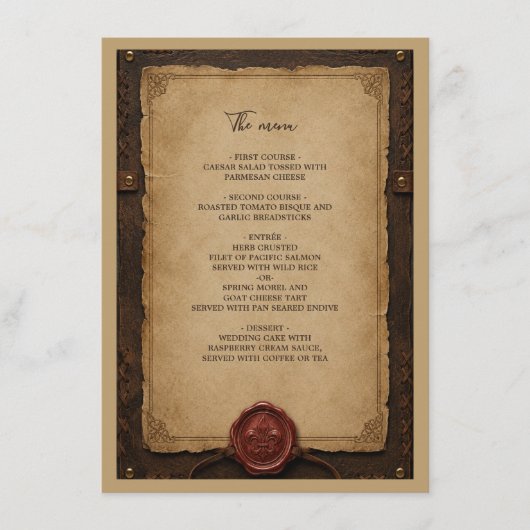 Menu Mariage Médiéval Rustique en Cire de Cuir (Devant)