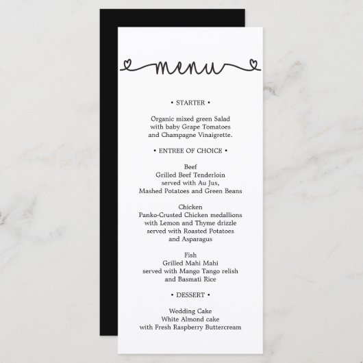 Menu Mariage - Menu Fête de l'mariée - Coeurs (Devant / Derrière)