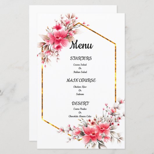 menu mariage, menu mariage à fleurs (Devant / Derrière)