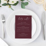 Menu Mariage Merlot moderne avec Merci sur le dos<br><div class="desc">Merlot / Bourgogne / Vin Menu Mariage : Ce menu mariage moderne vous remercie. Il comporte du texte manuscrit sur un arrière - plan merlot sur le devant avec un doux message de remerciement sur le dos. C'est le menu mariage recto verso idéal pour servir à la fois de menu...</div>