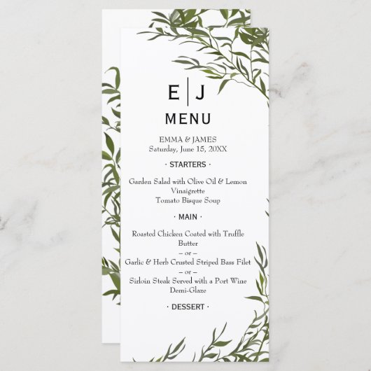Menu Mariage minimal Chic Greenery (Devant / Derrière)