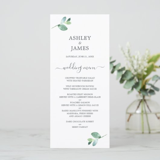 Menu Mariage minimal de feuillage Eucalyptus à script c (Debout devant)