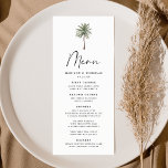 Menu Mariage minimal de palmiers<br><div class="desc">Menu mariage tropical avec un seul palmier en haut du design avec "Menu" affiché dans un script moderne de calligraphie noire. Personnalisez le menu mariage de palmiers avec vos noms, date du mariage et menu ci-dessous. Le menu de mariage de la plage revient à un arrière - plan vert foncé...</div>